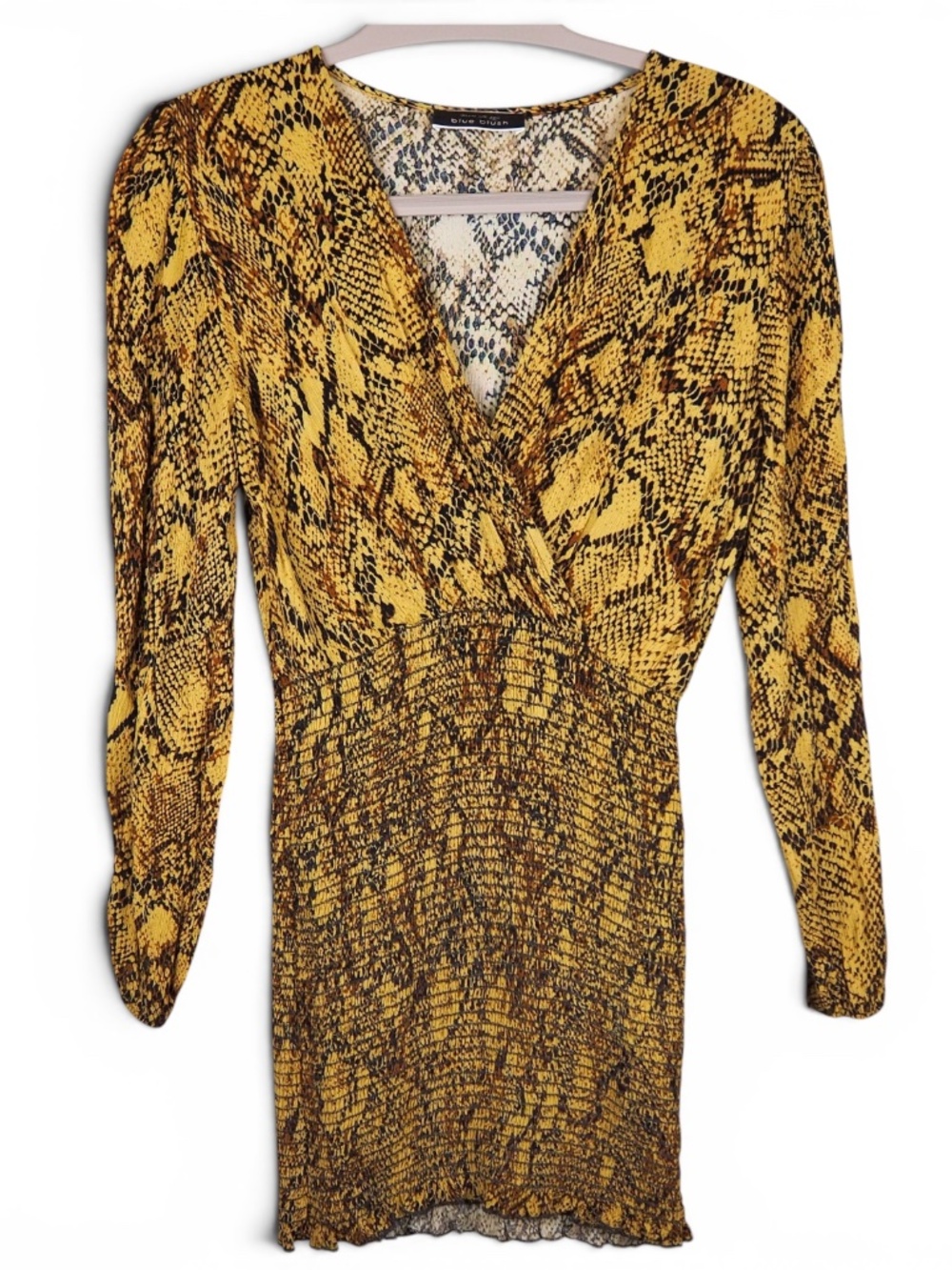 Blue Blush Snake Print Long-sleeve Mini Dress Women Size S Smocked Waist Ruching
